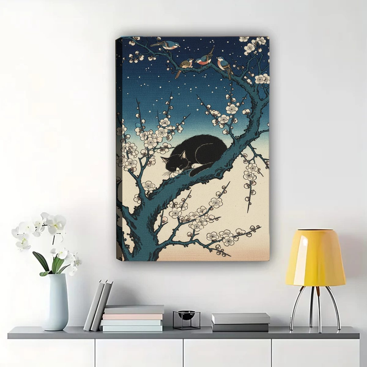 Japanese Cat on Plum Blossom Branch Canvas Wall Art - Ukiyo-e Style with Birds