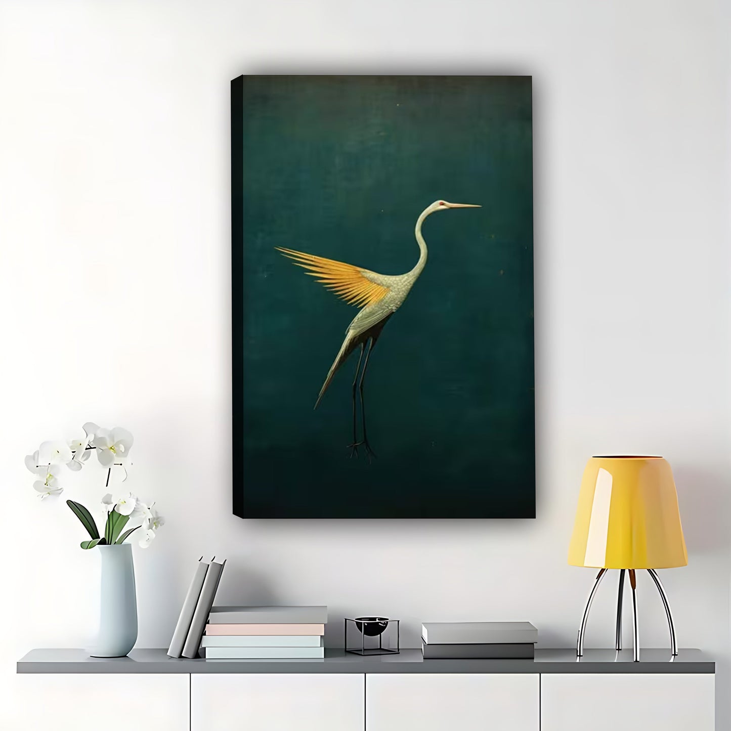 The Elegant Dark-Background Egret – Fine Art Wall Decor on Natural Wood Canvas