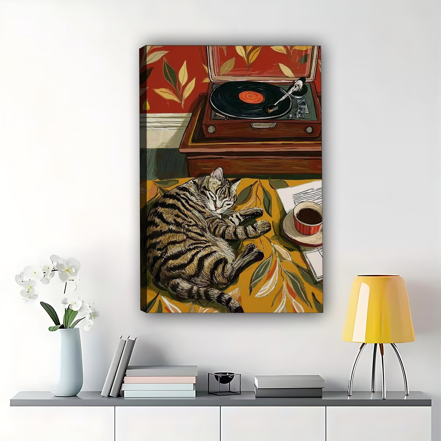 The Vintage Record-Loving Tabby – Retro Pet Wall Art on Natural Wood Canvas