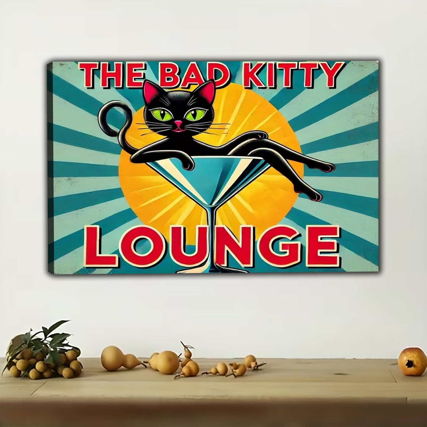 The Bad Kitty Lounge (Accent Edition) – Retro Cat Wall Art on Natural Wood Canvas
