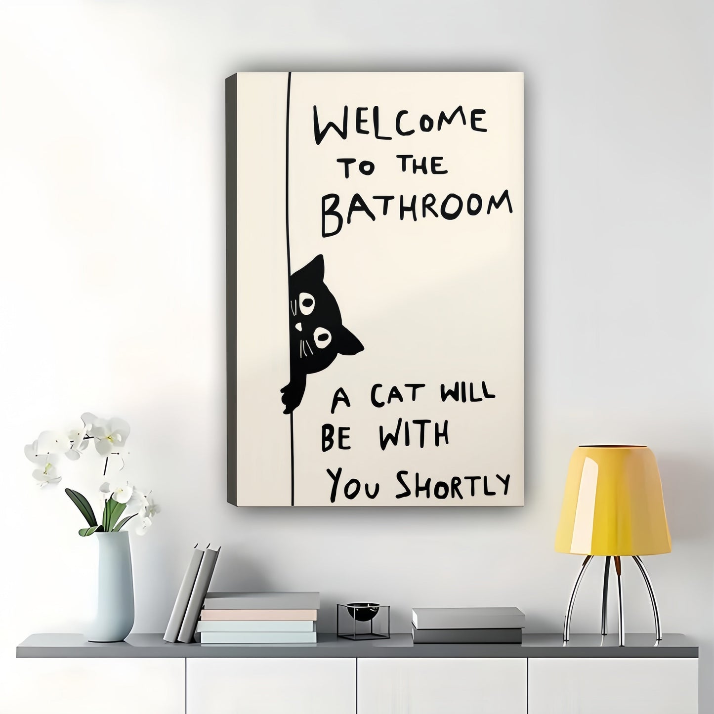 Welcome to the Bathroom Funny Black Cat Wall Art Whimsical Cat Lover Bathroom Decor