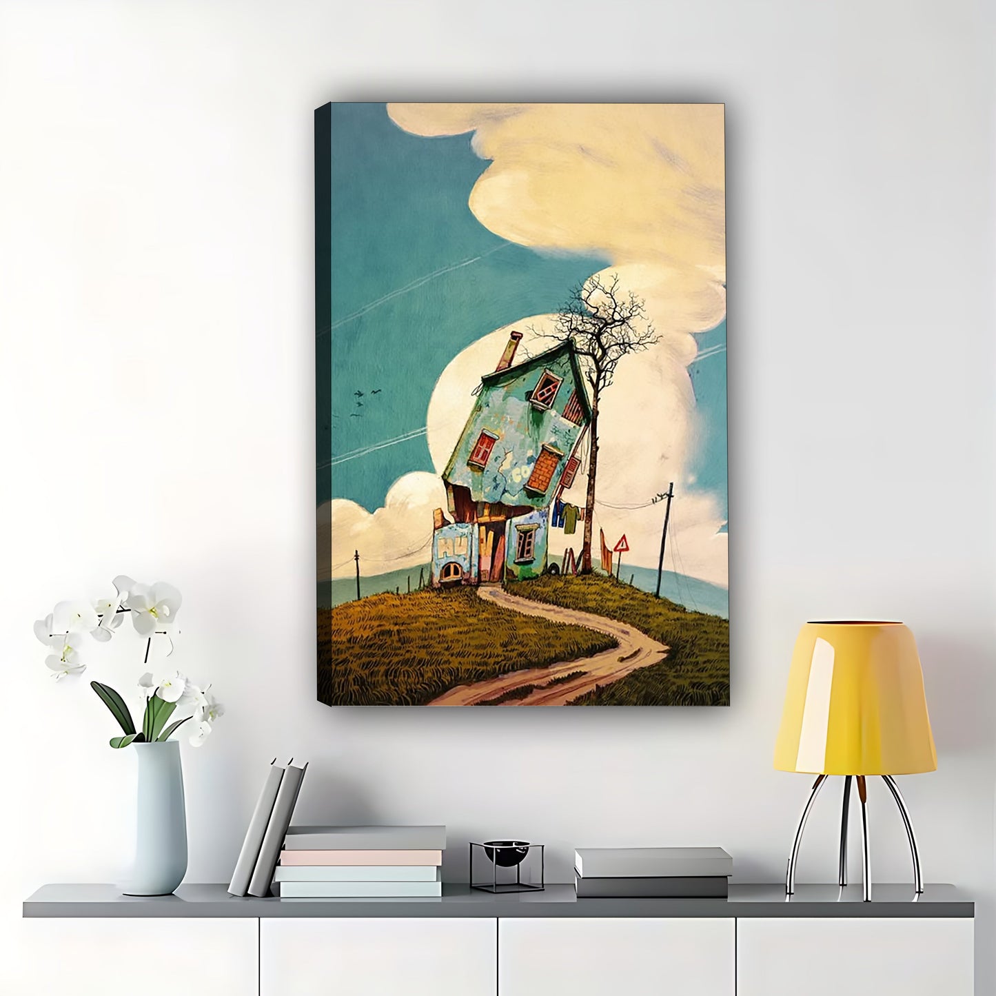 The Whimsical Crooked Cottage – Fairy-Tale Wall Art on Natural Wood Canvas