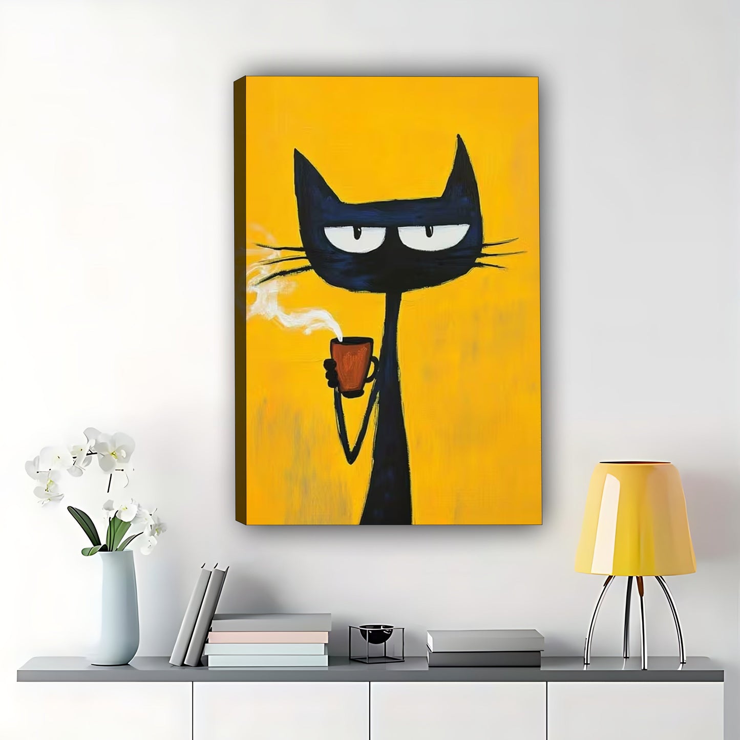 The Cool Coffee Smoke Black Cat – Retro Edgy Wall Art on Natural Wood Canvas