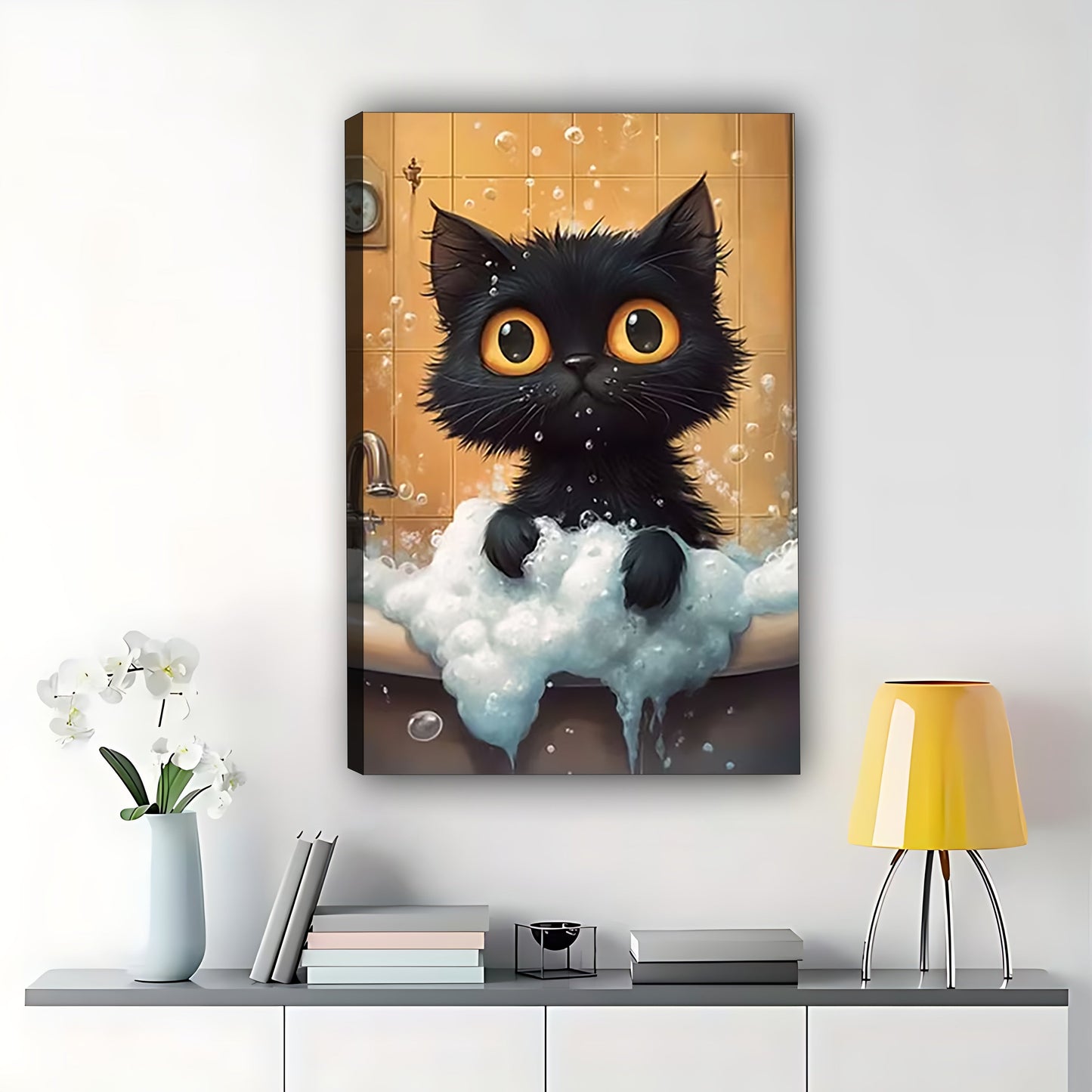 The Bubble Bath Black Kitten – Cute Cozy Wall Art on Natural Wood Canvas