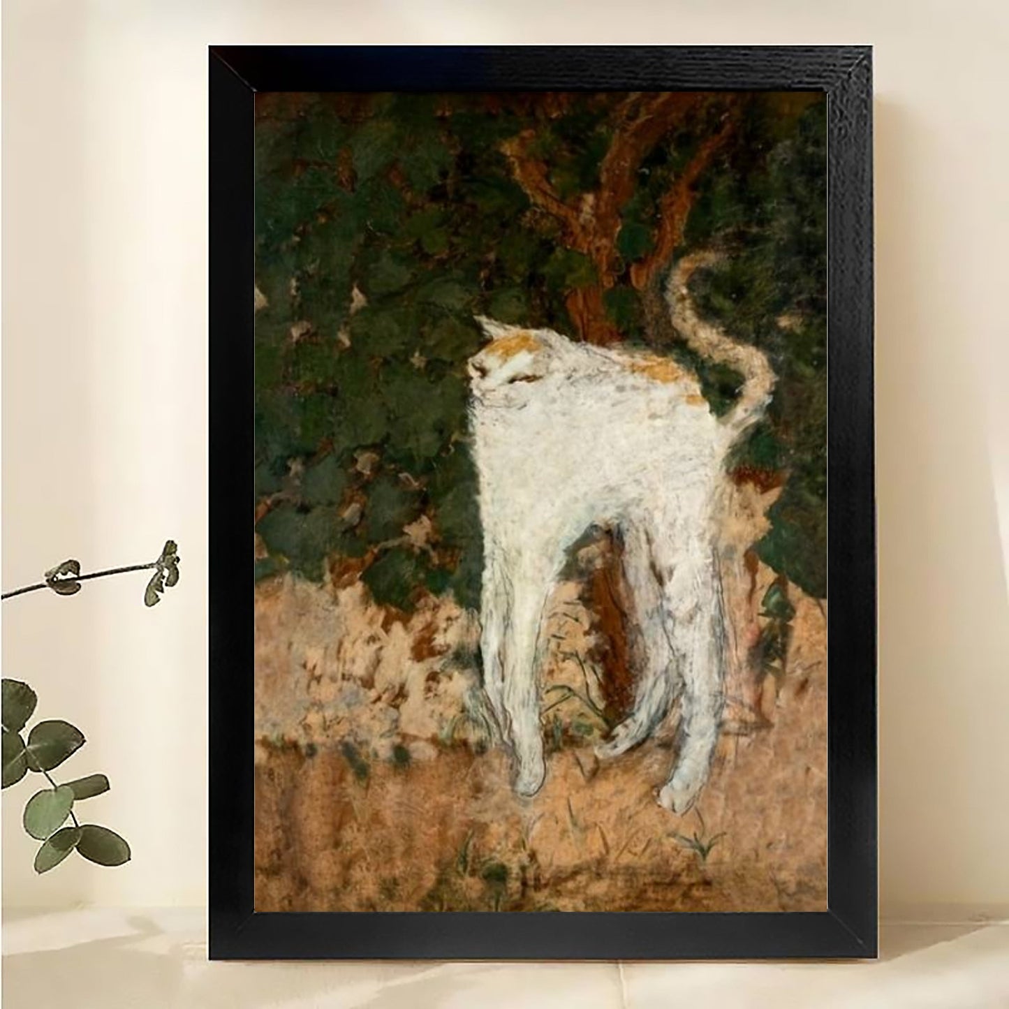 The Woodland White Cat – Serene Vintage Animal Wall Art on Natural Wood Canvas