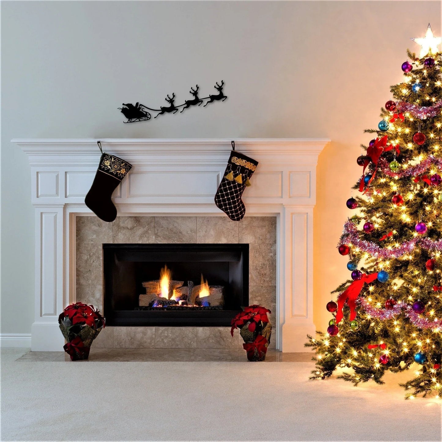 Santa With Reindeer Santa Sleigh Christmas Mantel And Fireplace Decor Holiday Shelf Sitter Christmas Village - 8 inches - metal sign