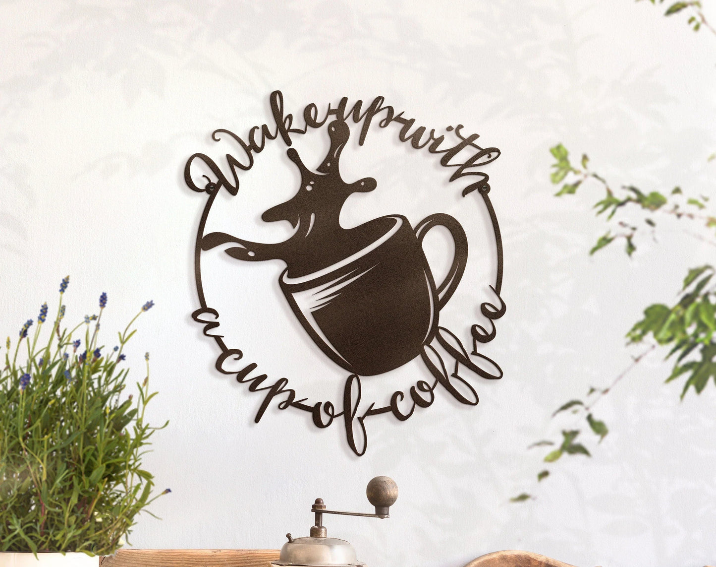 Wake Up With A Cup Of Coffee ~ Metal Coffee Shop Decorations - 8 inches - metal sign