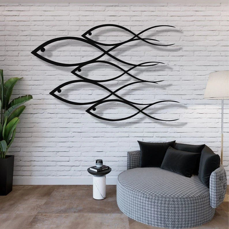 5 Fish Family Home Office Decoration Wall Hangings Nautical Decor Interior Decoration Housewarming Gift - 8 inches - metal sign