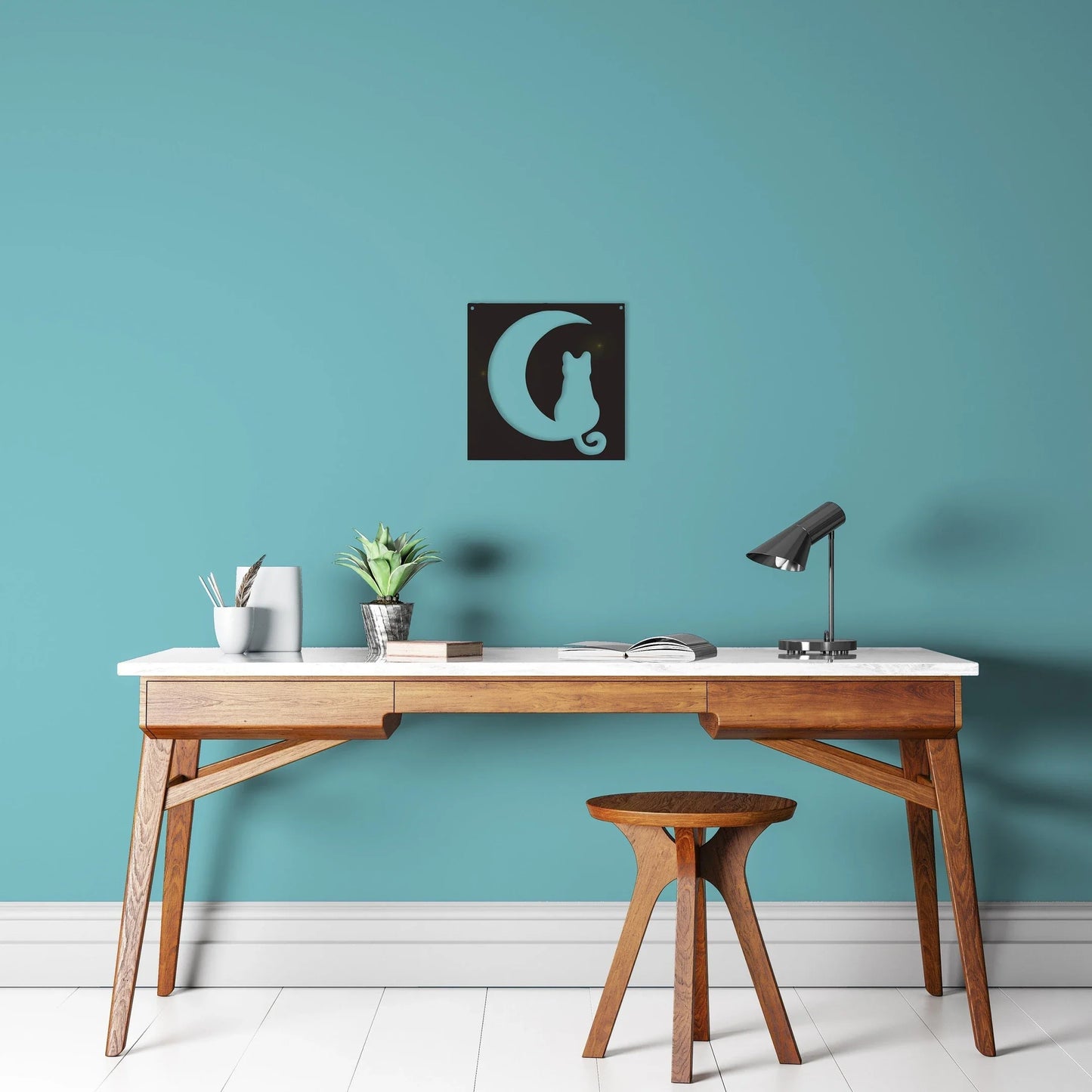 Cat Kitty And Moon Cat And Crescent Moon Decor Little Kitten Metal Sign Modern Office Ideas - 8 inches - metal sign