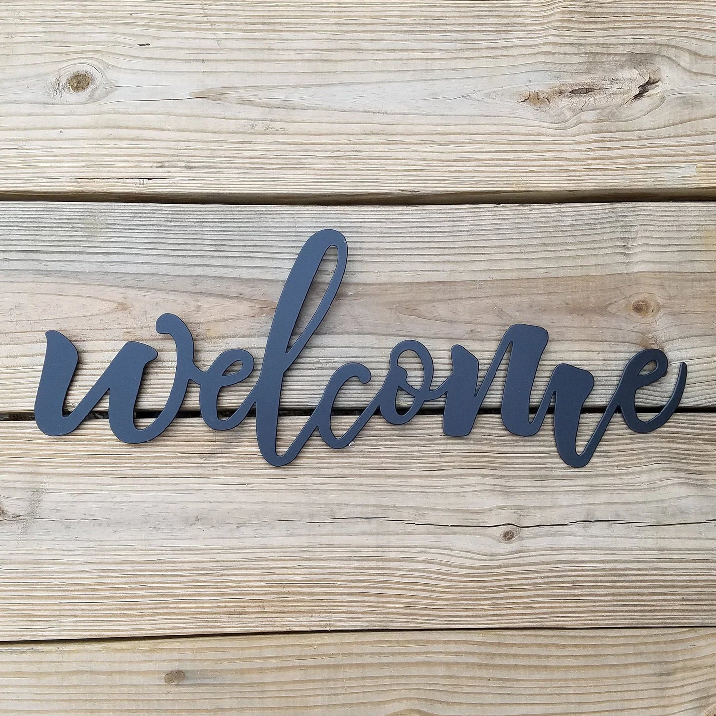 Welcome Script Metal Sign Black Steel Word Art Wall Hanging Housewarming Gift - 8 inches - metal sign