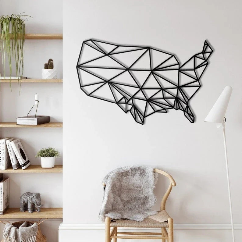 Metal World Map Geometric America Map Metal Usa Map Metal Wall Decor Interior Decoration Wall Hanging Home Living Room Decor - 8 inches - metal sign