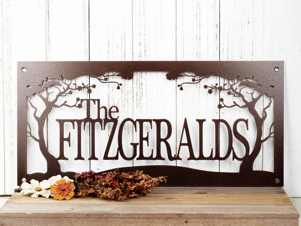 Last Name Metal Sign With Cherry Tree Family Name Plaque Outdoor Name Sign - 8 inches - metal sign