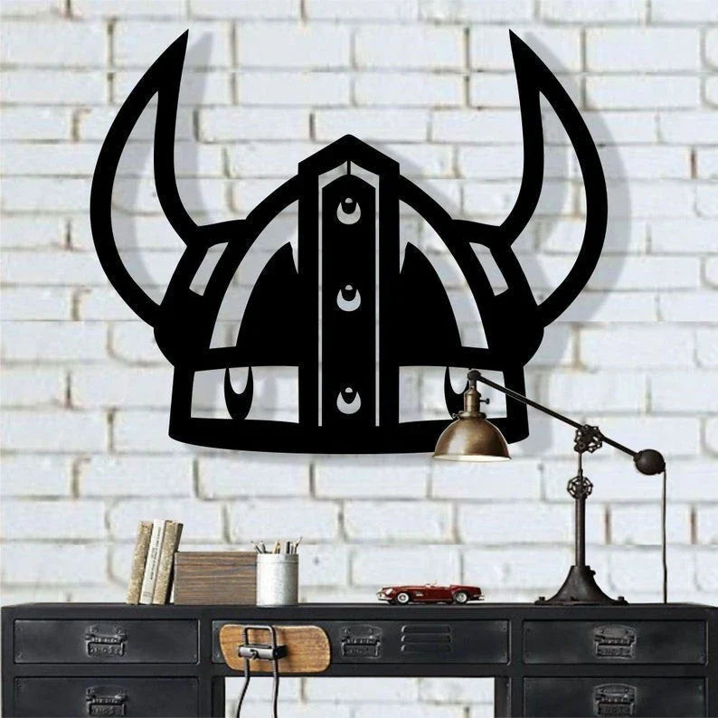 Viking Warrior Helmet Metal Viking Decor Viking Silhouette Nordic Mythology Art Metal Wall Hangings Interior Decoration - 8 inches - metal sign