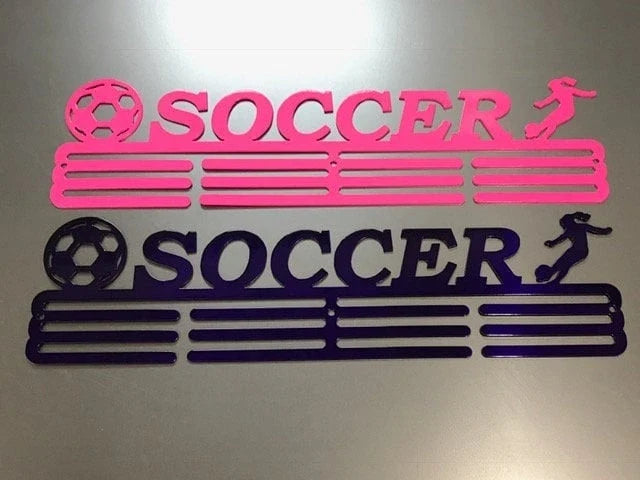 Soccer Medal Hanger Holder Display Rack Female 3 Rung Cut Metal Sign - 8 inches - metal sign