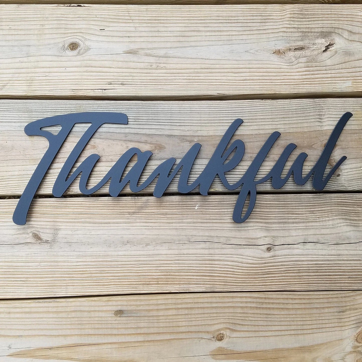 Thankful Script Metal Sign Black Steel Word Art Inspirational Wall Hanging - 8 inches - metal sign