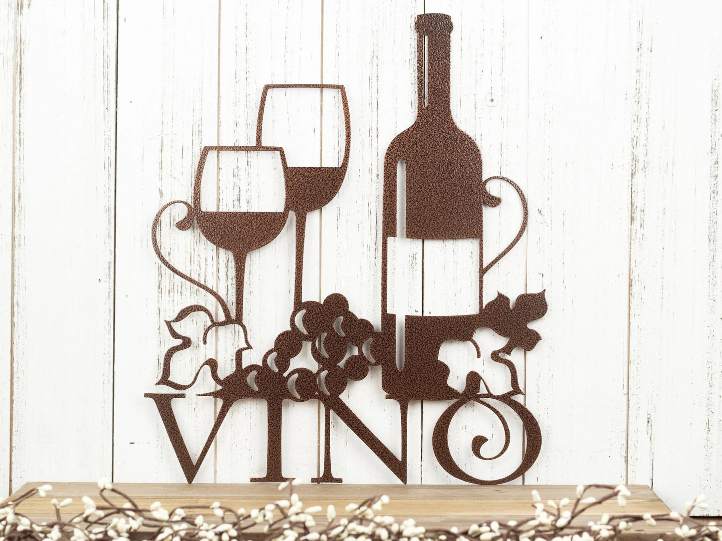 Wine Wall Decor Vino Sign With Grapevines Wine Lover Gift Wine Sign Bar Wine Signs For Kitchen Copper Vein Shown - 8 inches - metal sign