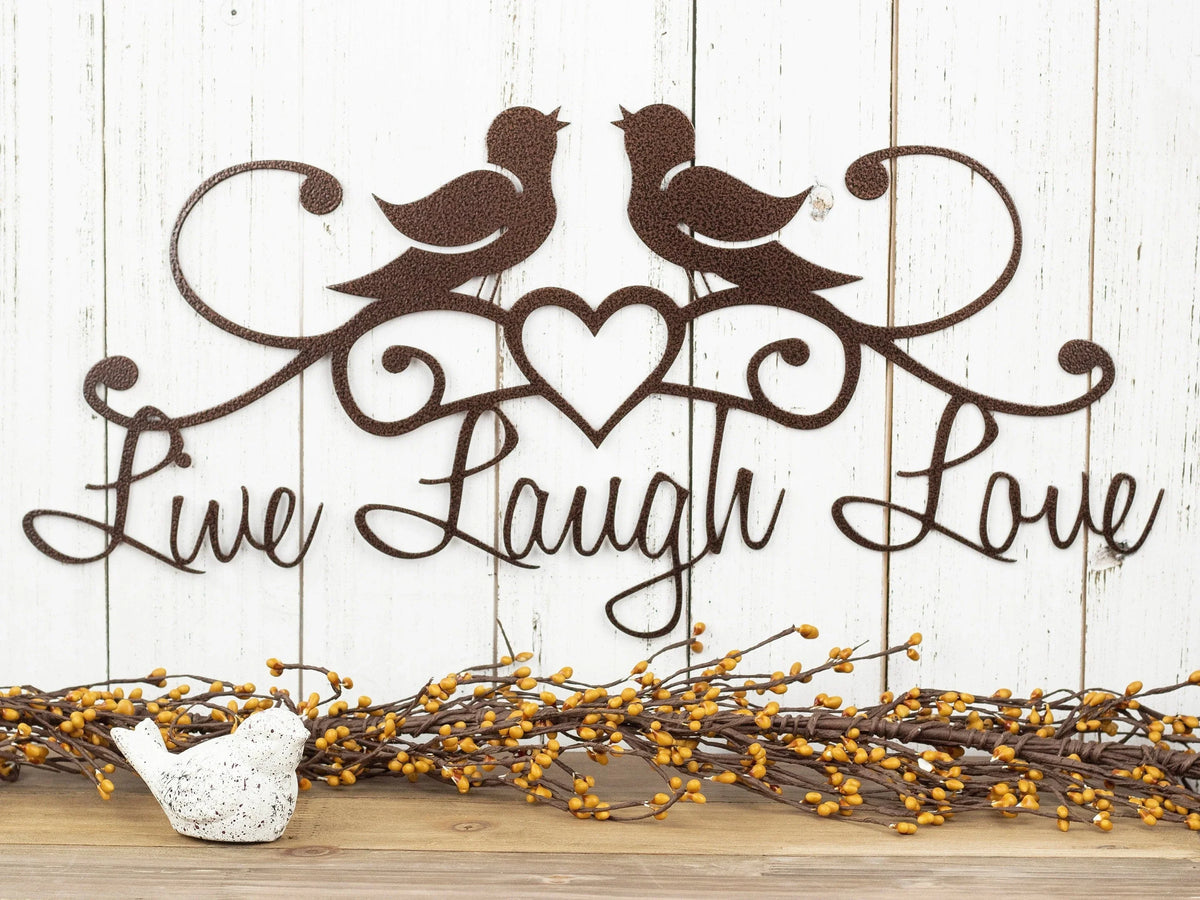 Live Laugh Love Birds Wall Decor Rustic Decor Lake House Decor Heart Wall Hanging Metal Sign - 8 inches - metal sign
