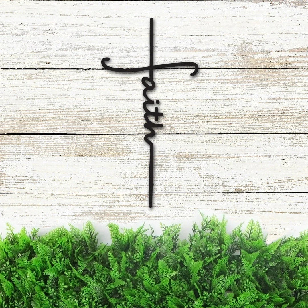 Faith Cross Metal Sign Christian Cross Wall Decor Religious Gift For Christians Baptism Gift Faith Word In Cross - 8 inches - metal sign