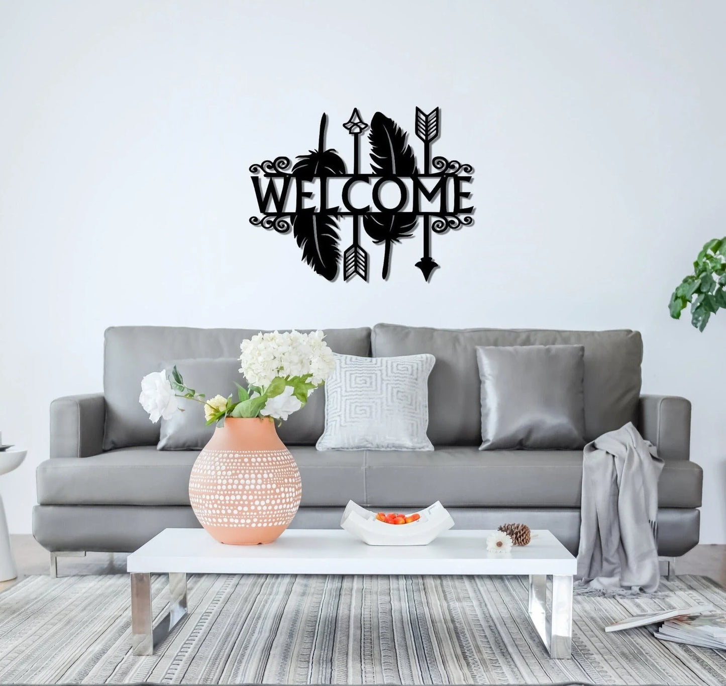 Welcome Sign Decor Outdoor Indoor Metal Sign Non Rust Metal Decor Home Entrance Decoration Feathers Decor Metal Abstract Art - 8 inches - metal sign