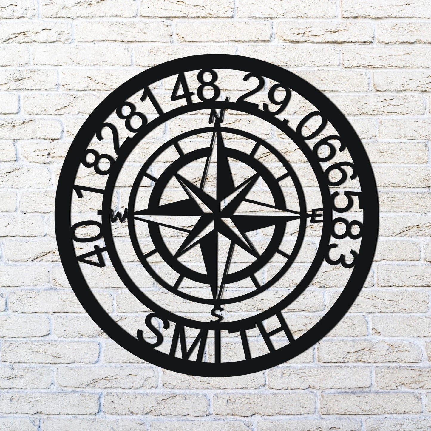 Personelized Nautical Compass With Gps Coordinates - 8 inches - metal sign