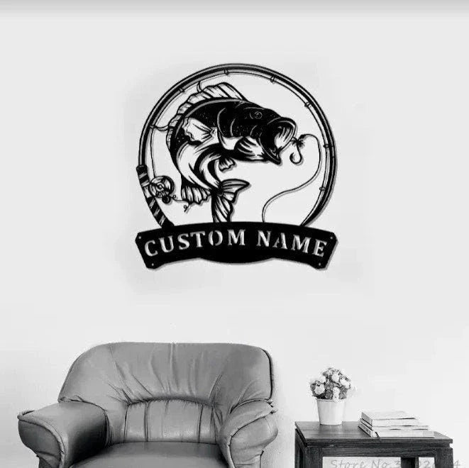 Bass Fishing Fish Pole Metal Sign Fishing Bass Sign Fishing Bass Gift For Men Fish Metal Name Sign Fisherman Gift - 8 inches - metal sign