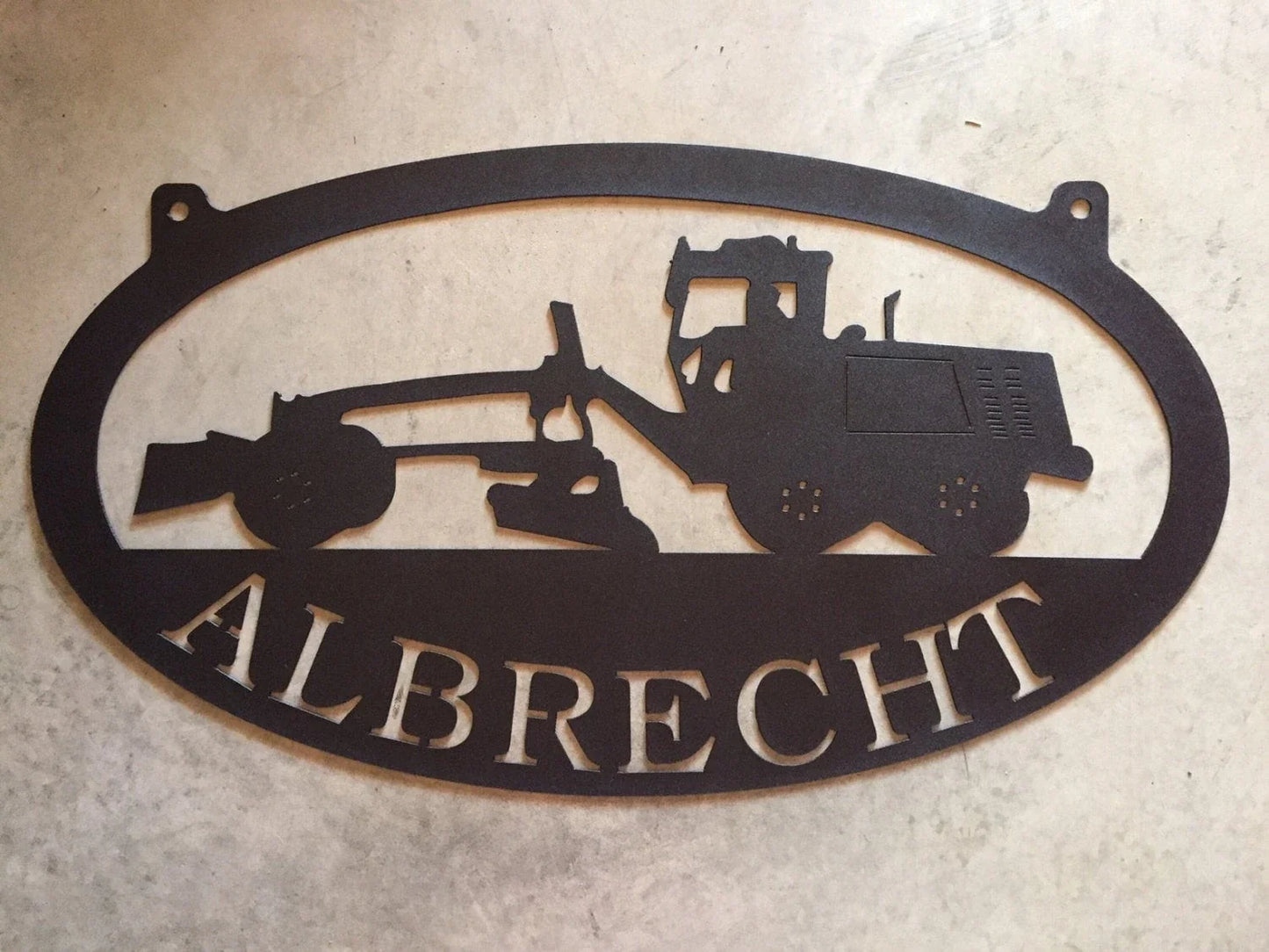 Metal Roadgrader Sign With Albrecht In Black Finish Metal House Sign - 8 inches - metal sign