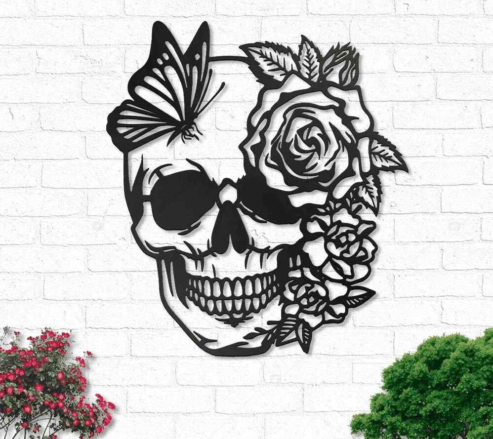 Flower Butterfly Skull Metal House Sign - 10 inches - metal sign