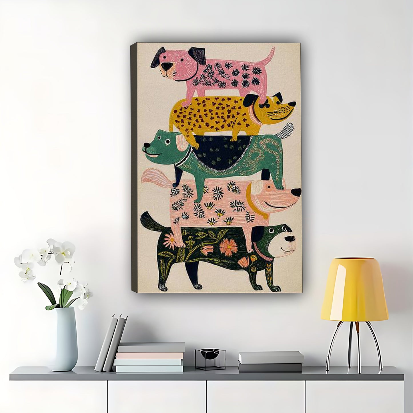 The Playful Stacked Dog Crew – Colorful Cartoon Pet Wall Art on Natural Wood Canvas