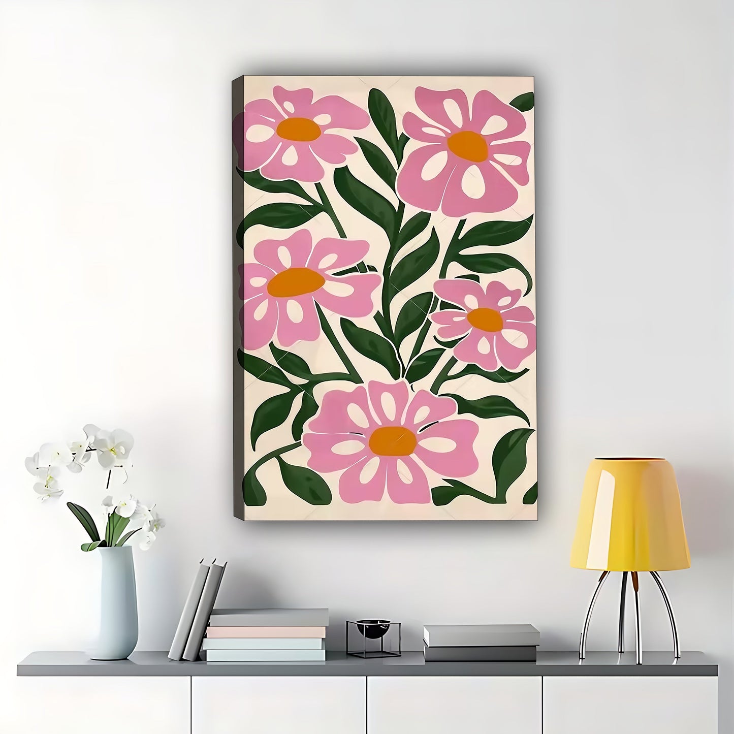 Pink Floral Pattern – Vibrant Botanical Wall Art on Natural Wood Canvas