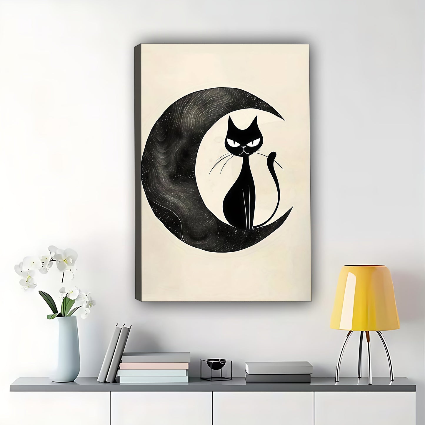 The Moon & Cat Silhouette – Minimalist Dreamy Wall Art on Natural Wood Canvas