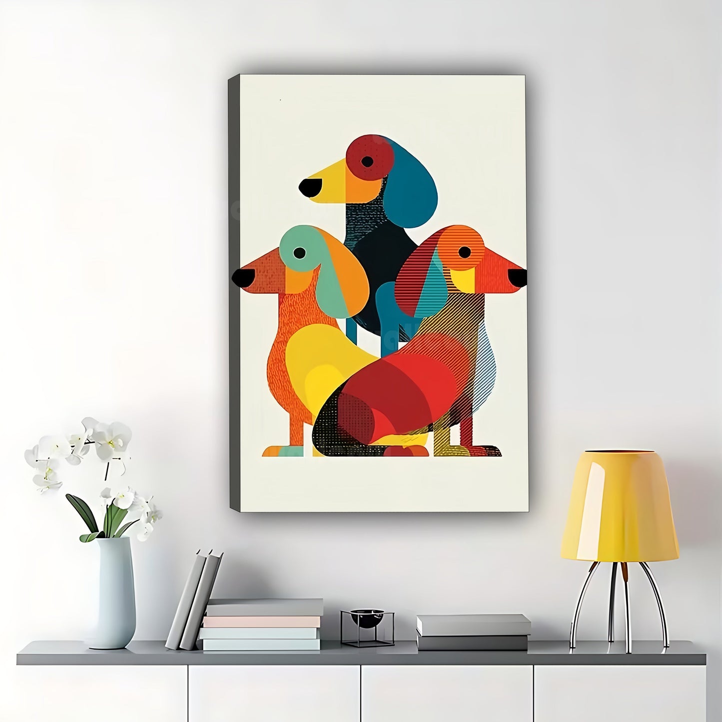 The Geometric Dachshund Trio – Modern Pop Wall Art on Natural Wood Canvas