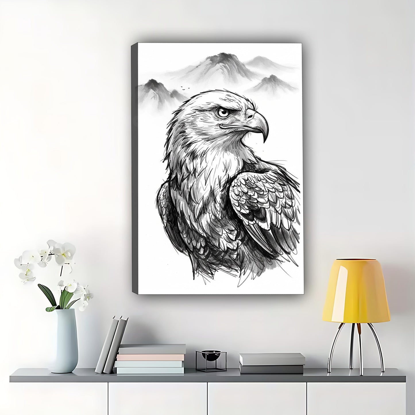 The Ink-Wash Style Eagle – Majestic Minimalist Wall Art on Natural Wood Canvas