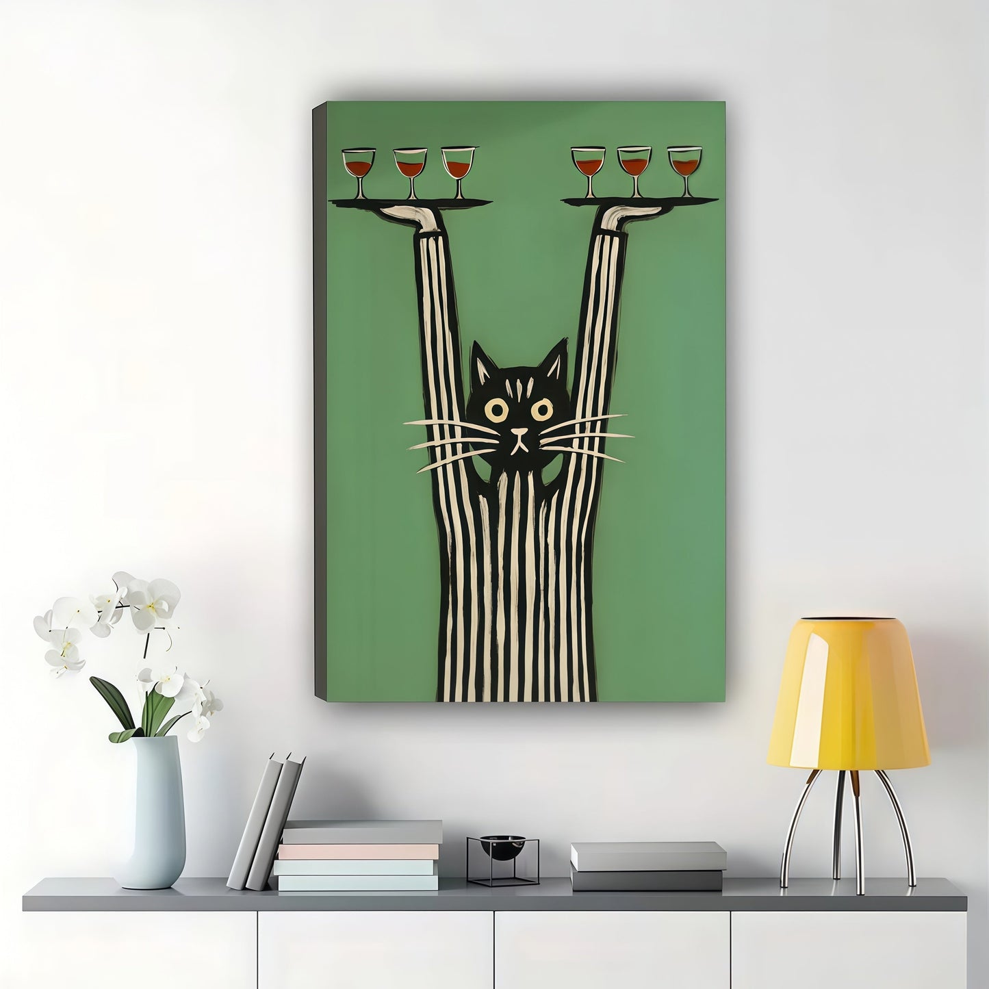 Black Cat Balancing Wine Glasses – Whimsical Bar-Themed Wall Art on Natural Wood Canvas