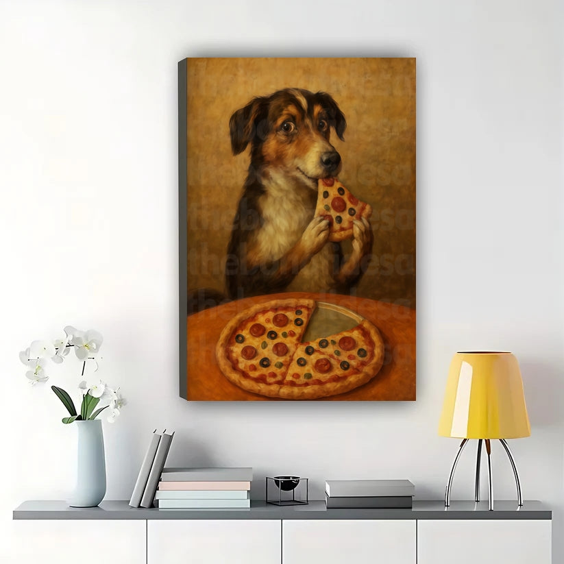 Vintage Dog Eating Pizza – Humorous Still Life Wall Art on Natural Wood Canvas