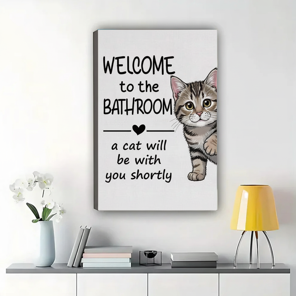 Welcome to the Bathroom Cat Wall Art – Funny Tabby Quote Canvas Print on Natural Wood Frame