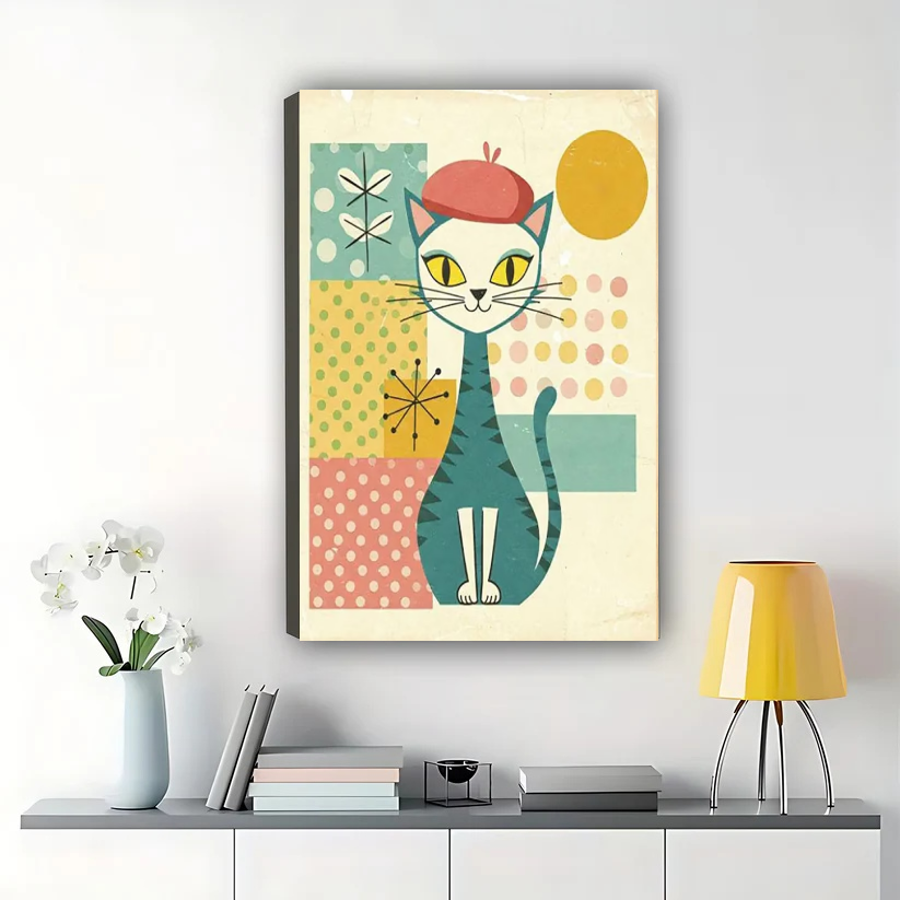 Mid-Century Cat with Red Beret Wall Art – Retro Geometric Cat Canvas Print on Natural Wood Frame