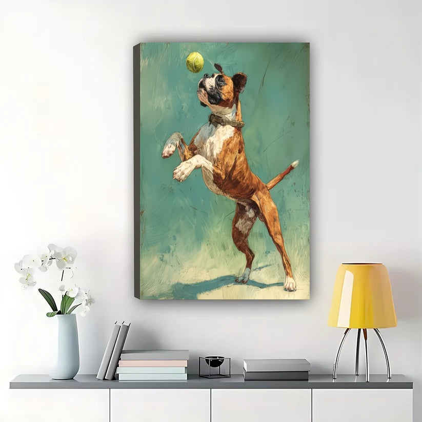 Vintage Oil Painting Style Boxer Dog Catching Ball – Dynamic Pet Wall Art on Natural Wood Canvas