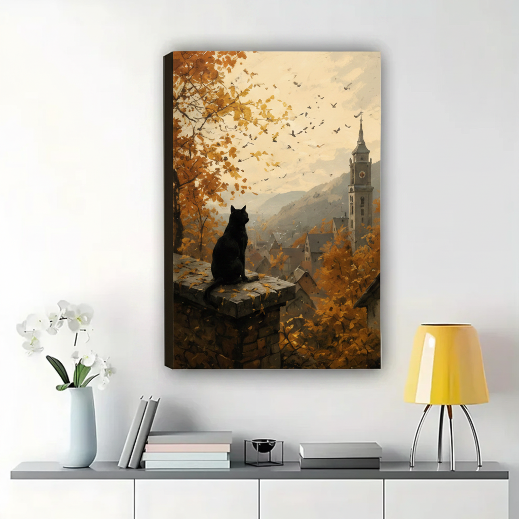 Black Cat Overlooking Autumn Village Wall Art – Moody Landscape Canvas Print on Natural Wood Frame