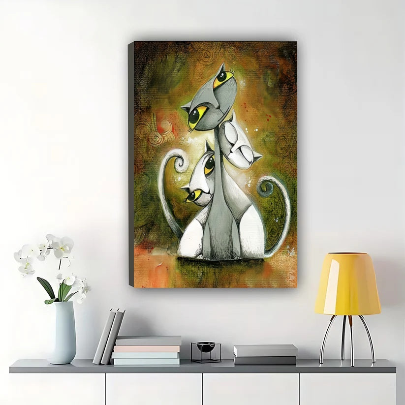 Whimsical Cat Family – Artistic Surreal Cat Portrait Wall Art on Natural Wood Canvas