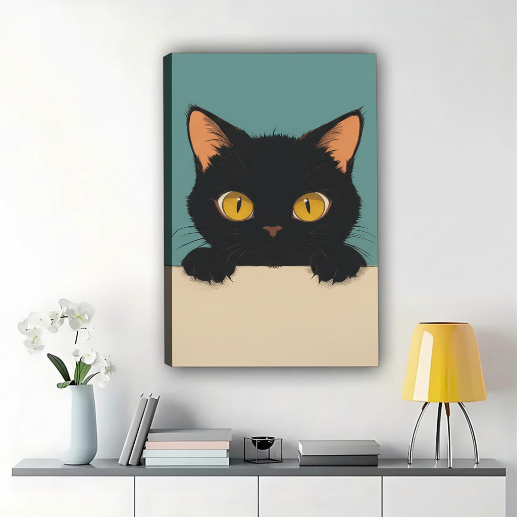 The Peeking Black Cat – Minimalist Cute Wall Art on Natural Wood Canvas