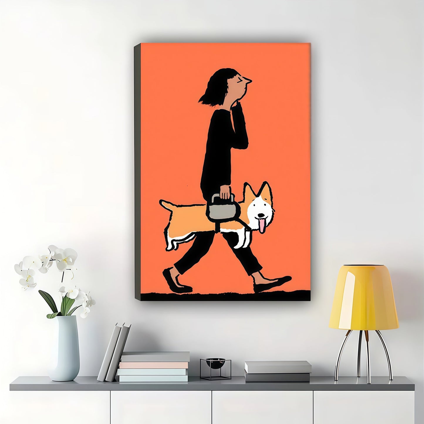 Woman Walking with Corgi Wall Art – Minimalist Orange Background Canvas Print on Natural Wood Frame
