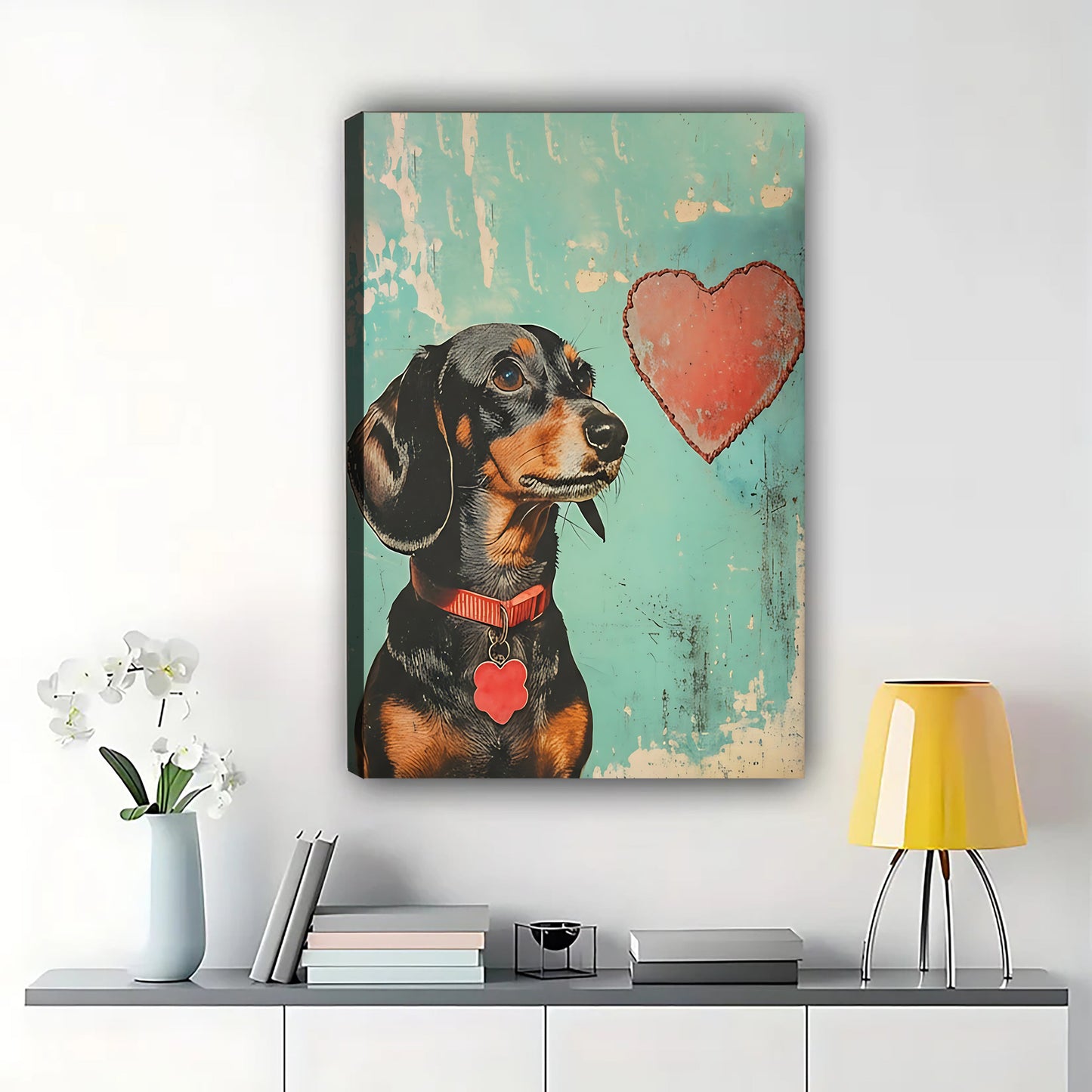 Retro Dachshund with Red Heart – Whimsical Vintage Pet Wall Art on Natural Wood Canvas