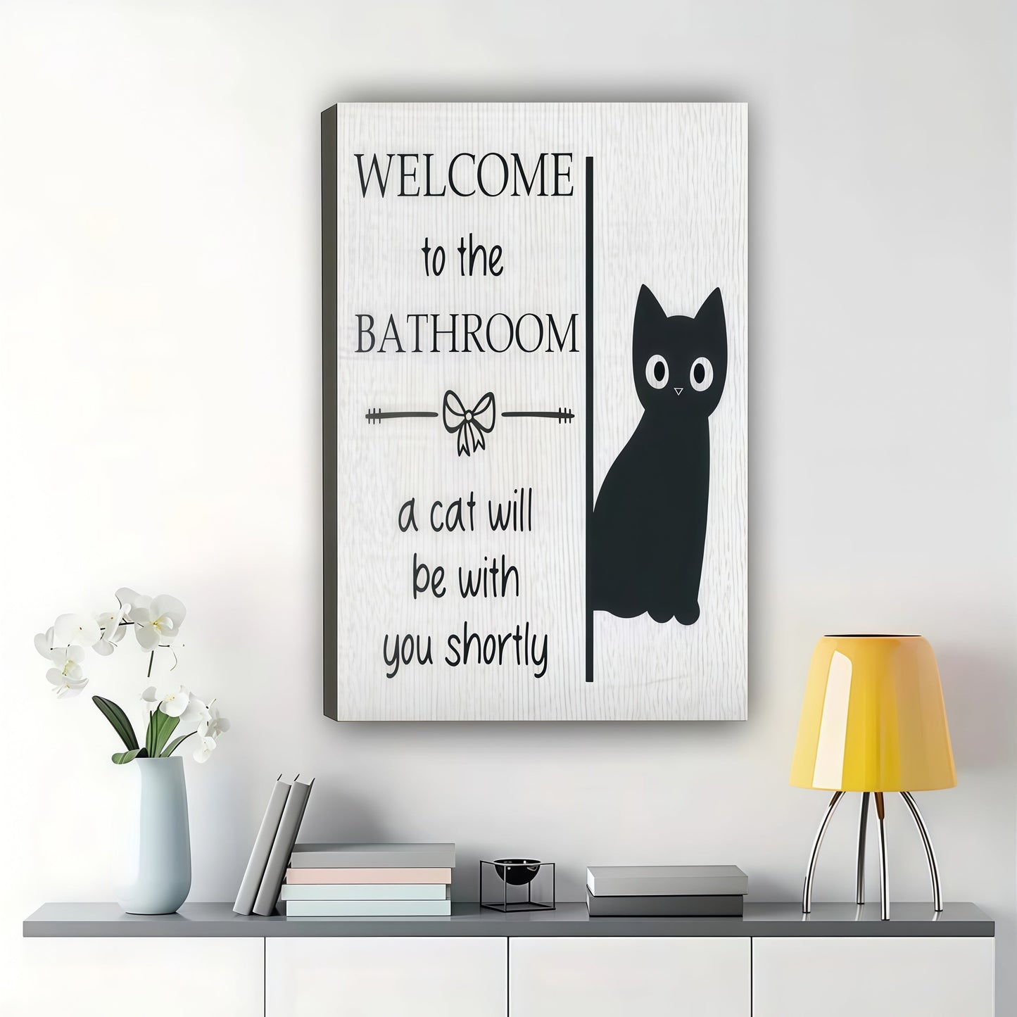 Welcome to the Bathroom Minimalist Black Cat – Humorous Bathroom Wall Art on Natural Wood Canvas