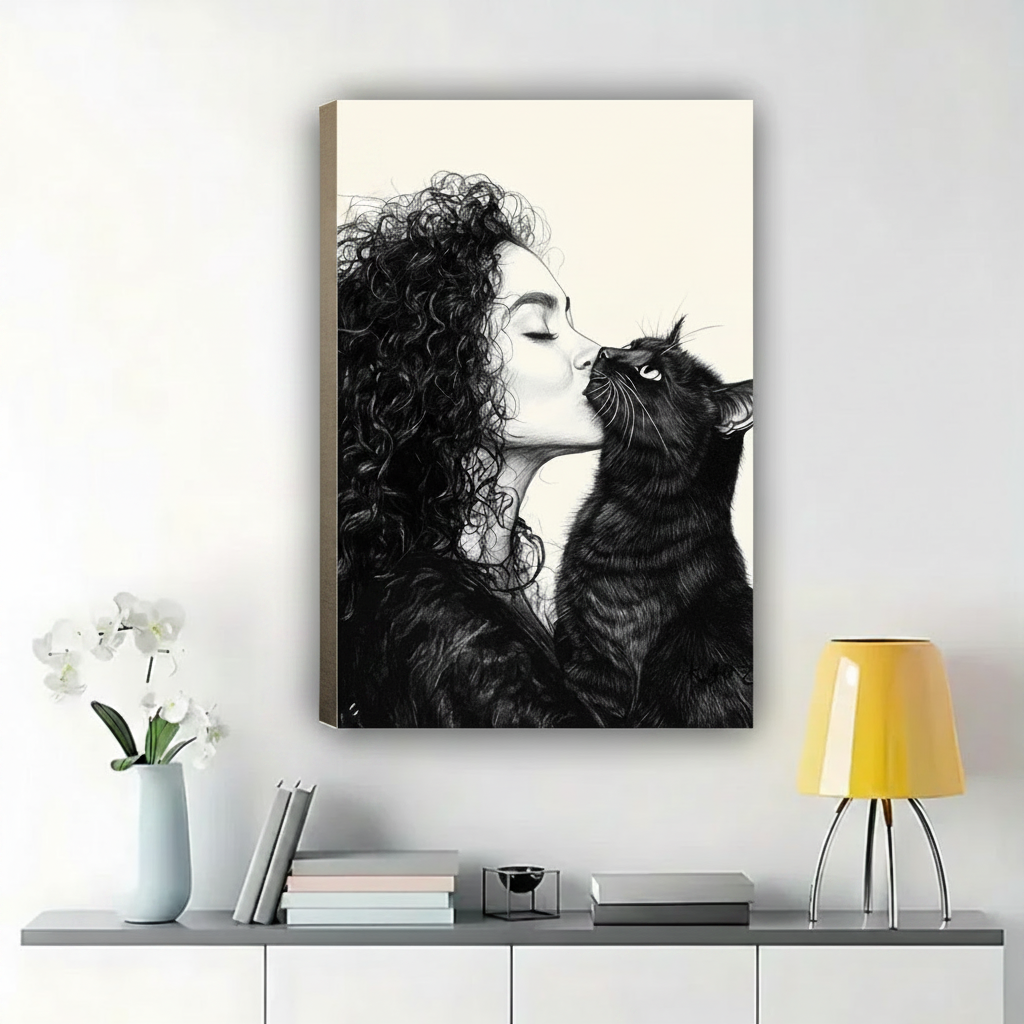 Woman & Black Cat Nose Kiss Wall Art – Intimate Sketch Canvas Print on Natural Wood Frame