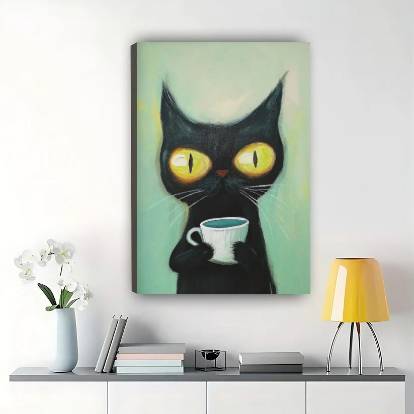 Black Cat Coffee Morning – Retro Cat Coffee Wall Art on Natural Wood Canvas