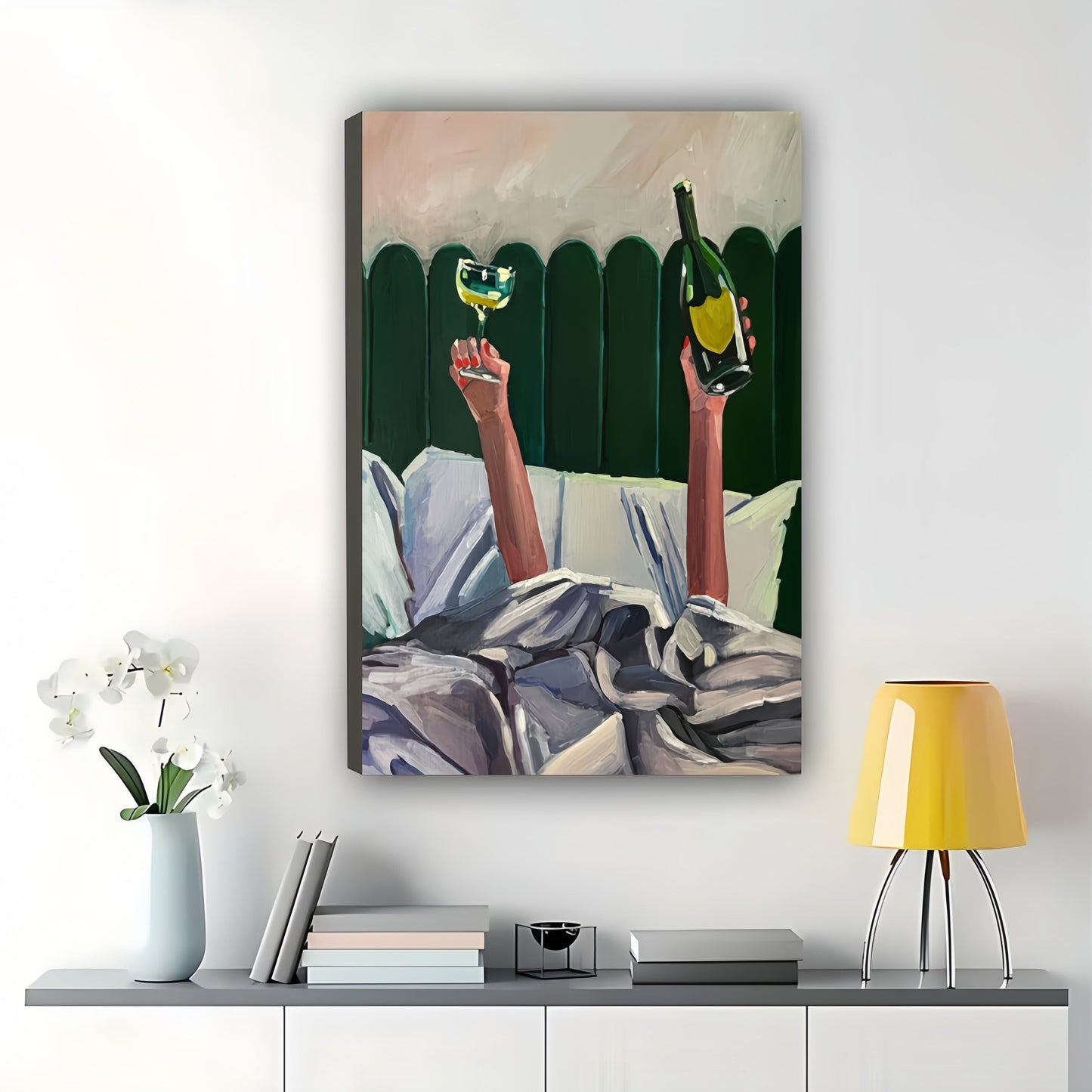 Champagne Toast in Bed – Celebration Oil Painting Wall Art on Natural Wood Canvas
