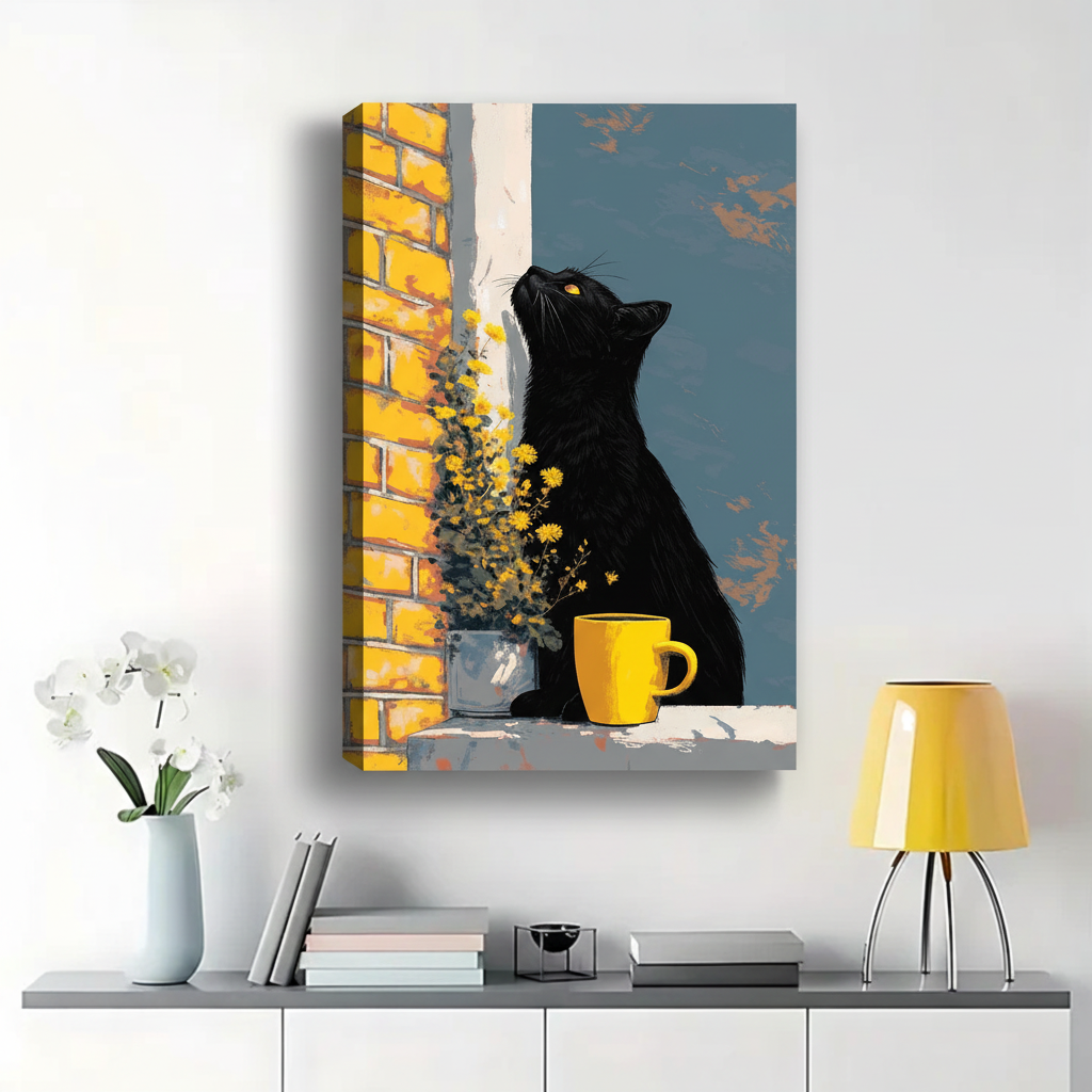 Black Cat by Yellow Brick Wall with Coffee Wall Art - Canvas Print