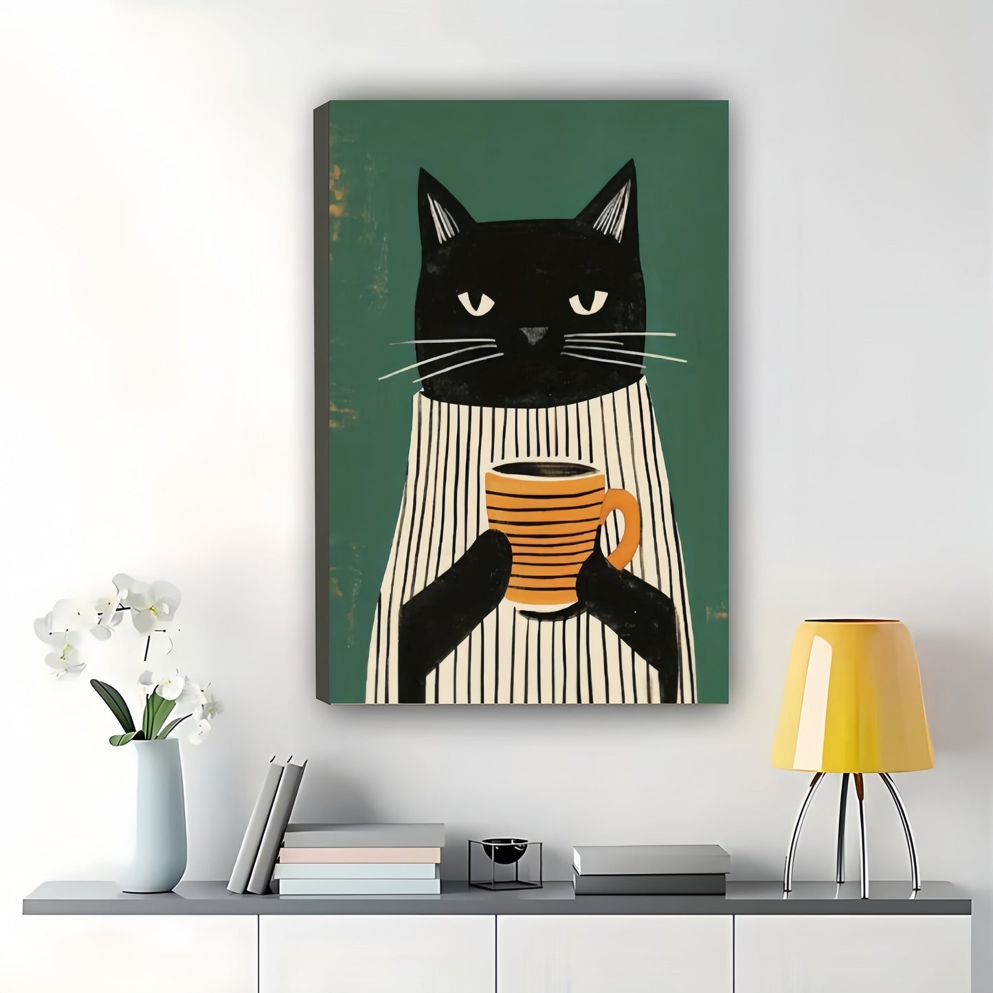 Retro Black Cat in Striped Shirt with Coffee Cup – Cozy Green Background Wall Art on Natural Wood Canvas
