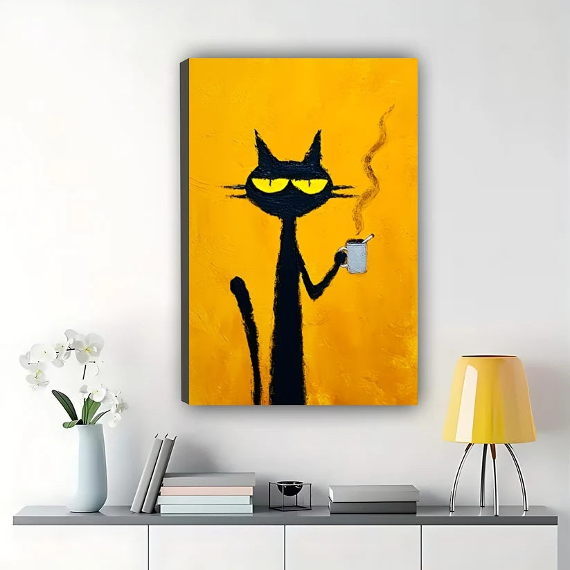 Retro Black Cat with Coffee & Pipe – Bold Yellow Background Wall Art on Natural Wood Canvas