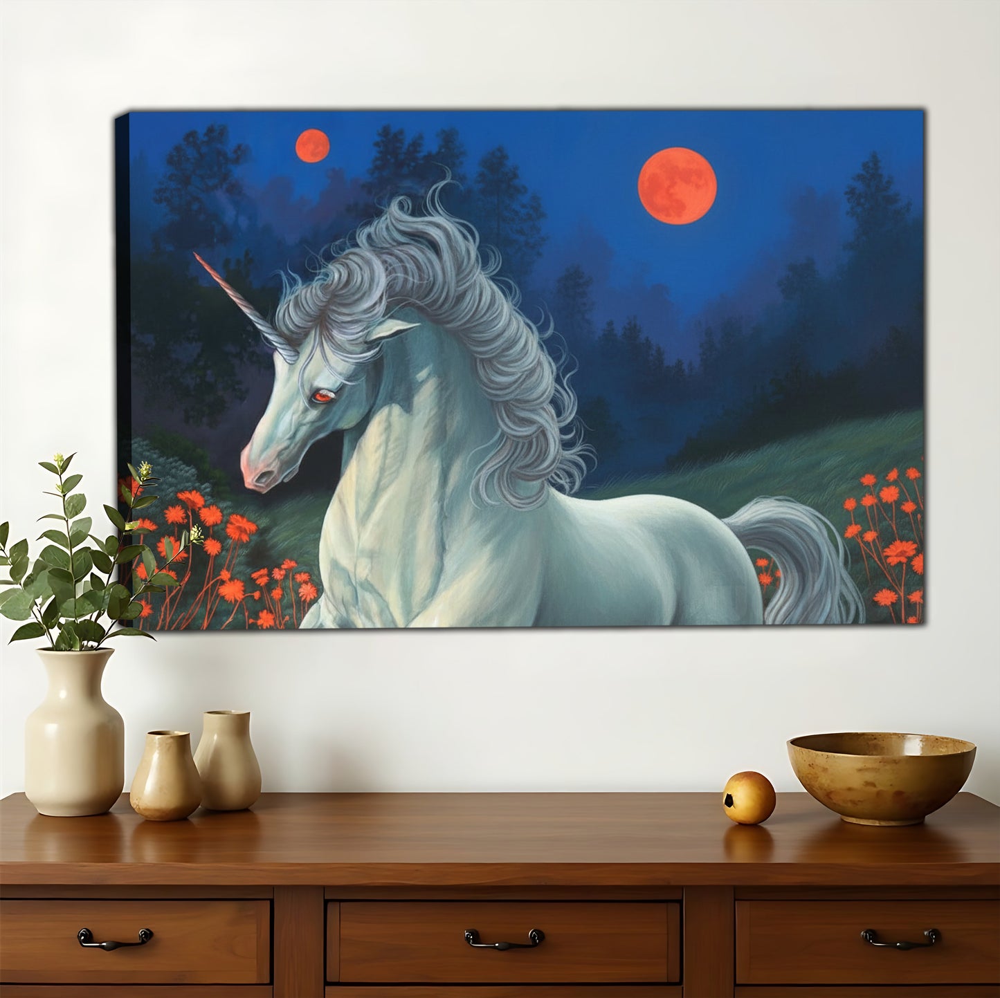 Moonlit Unicorn in Flower Field – Magical Fantasy Wall Art on Natural Wood Canvas